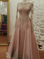 A-Line/Princess Long Sleeves Scoop Floor-Length Applique Tulle Muslim Dresses - RongMoon