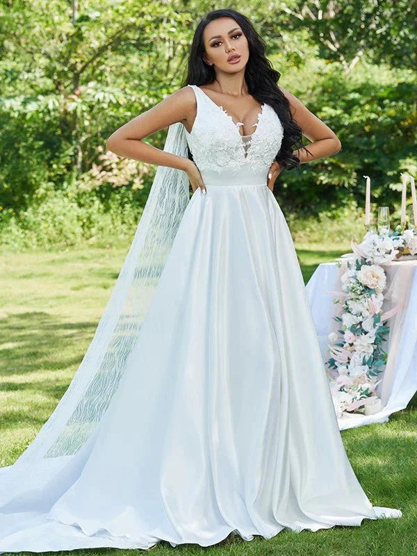 A-Line/Princess Satin Applique V-neck Sleeveless Sweep/Brush Train Wedding Dresses - RongMoon
