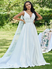 A-Line/Princess Satin Applique V-neck Sleeveless Sweep/Brush Train Wedding Dresses - RongMoon
