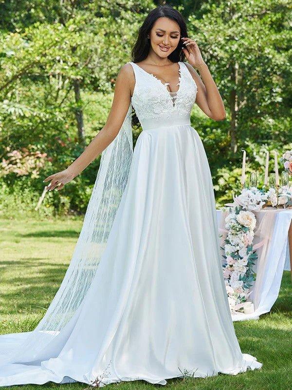A-Line/Princess Satin Applique V-neck Sleeveless Sweep/Brush Train Wedding Dresses - RongMoon