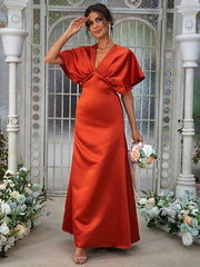 A-Line/Princess Satin Ruched V-neck Short Sleeves Floor-Length Bridesmaid Dresses - RongMoon