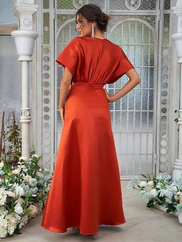 A-Line/Princess Satin Ruched V-neck Short Sleeves Floor-Length Bridesmaid Dresses - RongMoon