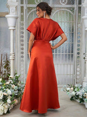 A-Line/Princess Satin Ruched V-neck Short Sleeves Floor-Length Bridesmaid Dresses - RongMoon