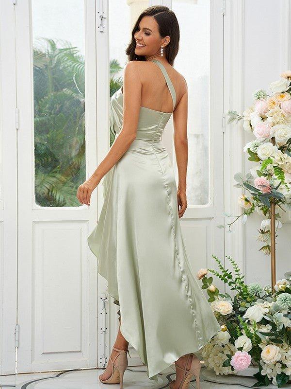 A-Line/Princess Silk like Satin Ruched One-Shoulder Sleeveless Tea-Length Bridesmaid Dresses - RongMoon