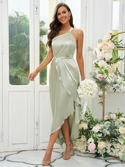 A-Line/Princess Silk like Satin Ruched One-Shoulder Sleeveless Tea-Length Bridesmaid Dresses - RongMoon