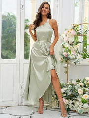 A-Line/Princess Silk like Satin Ruched One-Shoulder Sleeveless Tea-Length Bridesmaid Dresses - RongMoon