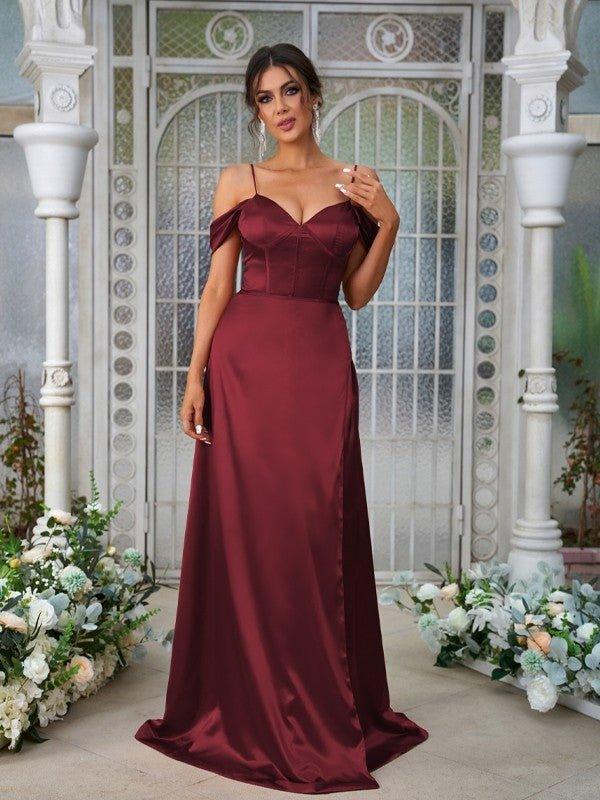 A-Line/Princess Silk like Satin Ruched Sweetheart Sleeveless Sweep/Brush Train Bridesmaid Dresses - RongMoon