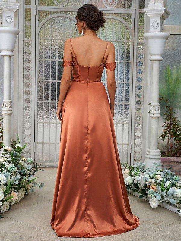 A-Line/Princess Silk like Satin Ruched Sweetheart Sleeveless Sweep/Brush Train Bridesmaid Dresses - RongMoon