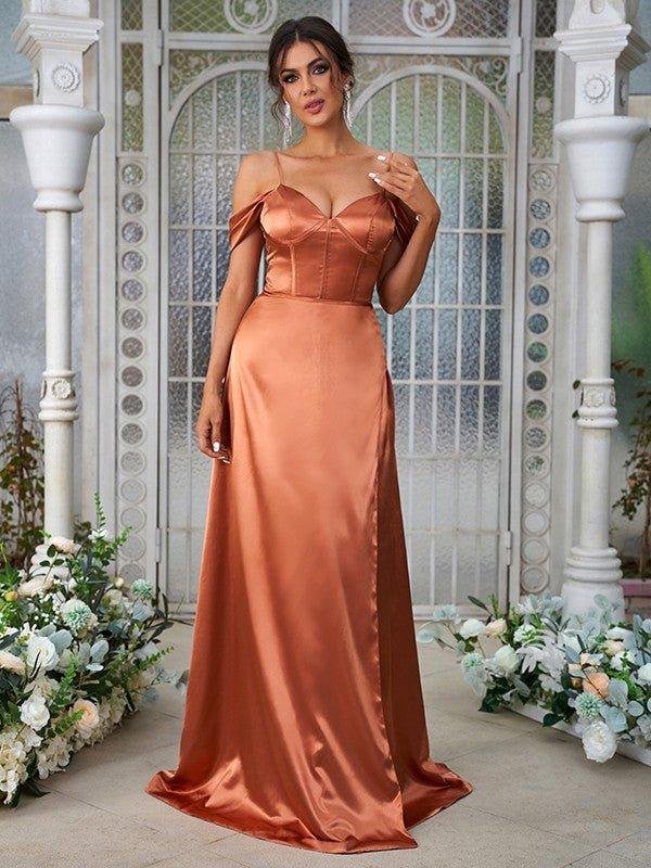 A-Line/Princess Silk like Satin Ruched Sweetheart Sleeveless Sweep/Brush Train Bridesmaid Dresses - RongMoon