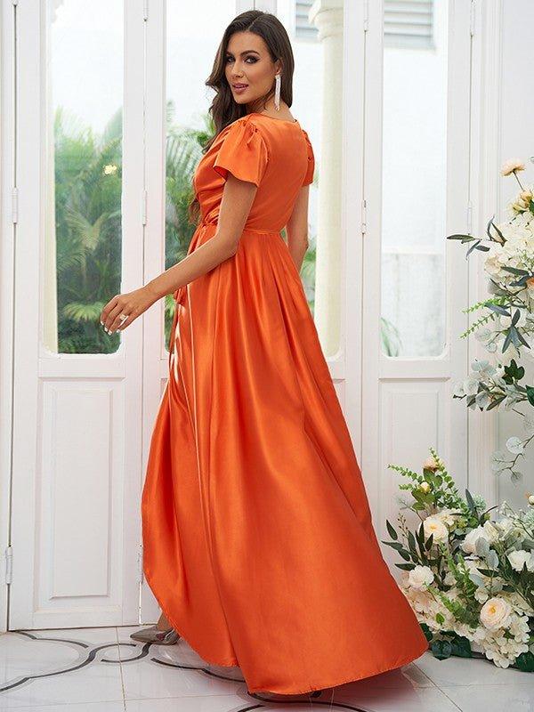 A-Line/Princess Silk like Satin Ruched V-neck Short Sleeves Floor-Length Bridesmaid Dresses - RongMoon