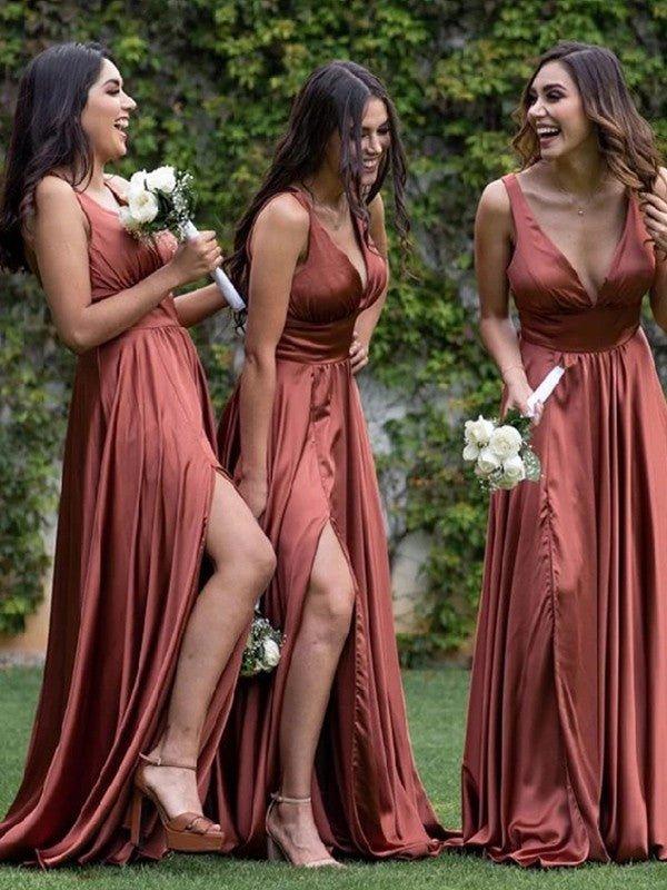 A-Line/Princess Silk Like Satin Ruched V-neck Sleeveless Sweep/Brush Train Bridesmaid Dresses - RongMoon