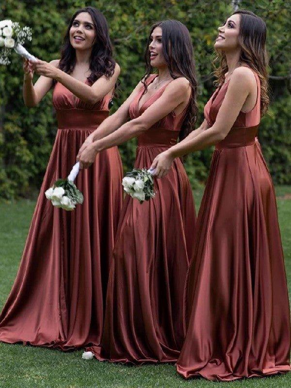 A-Line/Princess Silk Like Satin Ruched V-neck Sleeveless Sweep/Brush Train Bridesmaid Dresses - RongMoon