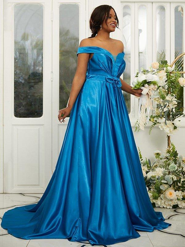A-Line/Princess Silk like Satin Ruffles Off-the-Shoulder Sleeveless Sweep/Brush Train Bridesmaid Dresses - RongMoon