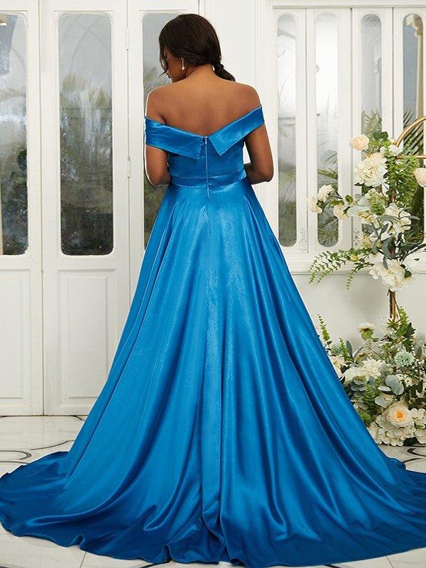 A-Line/Princess Silk like Satin Ruffles Off-the-Shoulder Sleeveless Sweep/Brush Train Bridesmaid Dresses - RongMoon