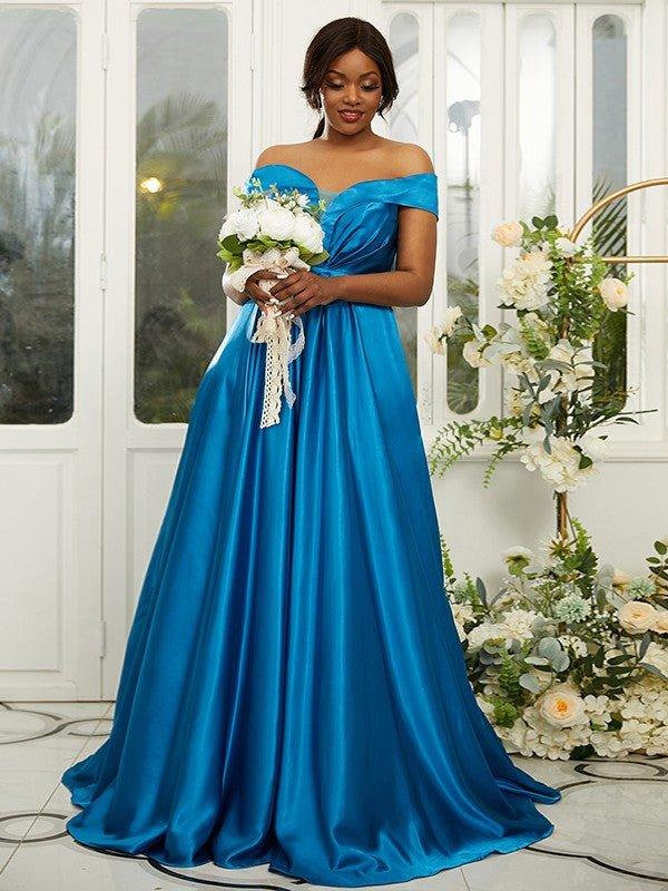 A-Line/Princess Silk like Satin Ruffles Off-the-Shoulder Sleeveless Sweep/Brush Train Bridesmaid Dresses - RongMoon
