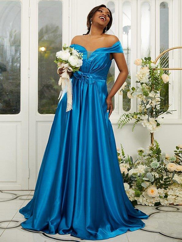 A-Line/Princess Silk like Satin Ruffles Off-the-Shoulder Sleeveless Sweep/Brush Train Bridesmaid Dresses - RongMoon