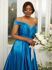 A-Line/Princess Silk like Satin Ruffles Off-the-Shoulder Sleeveless Sweep/Brush Train Bridesmaid Dresses - RongMoon