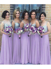 A-Line/Princess Sleeveless Sweetheart Floor-Length Sequin Chiffon Bridesmaid Dresses - RongMoon