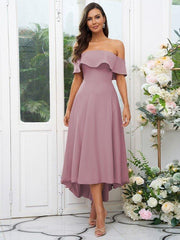 A-Line/Princess Stretch Crepe Ruffles Off-the-Shoulder Sleeveless Asymmetrical Bridesmaid Dresses - RongMoon