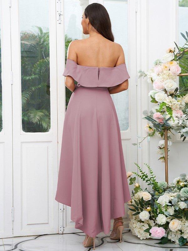 A-Line/Princess Stretch Crepe Ruffles Off-the-Shoulder Sleeveless Asymmetrical Bridesmaid Dresses - RongMoon