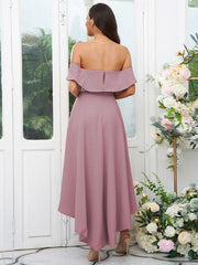 A-Line/Princess Stretch Crepe Ruffles Off-the-Shoulder Sleeveless Asymmetrical Bridesmaid Dresses - RongMoon