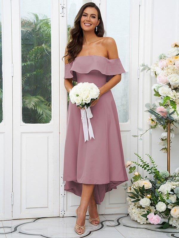 A-Line/Princess Stretch Crepe Ruffles Off-the-Shoulder Sleeveless Asymmetrical Bridesmaid Dresses - RongMoon