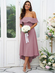 A-Line/Princess Stretch Crepe Ruffles Off-the-Shoulder Sleeveless Asymmetrical Bridesmaid Dresses - RongMoon