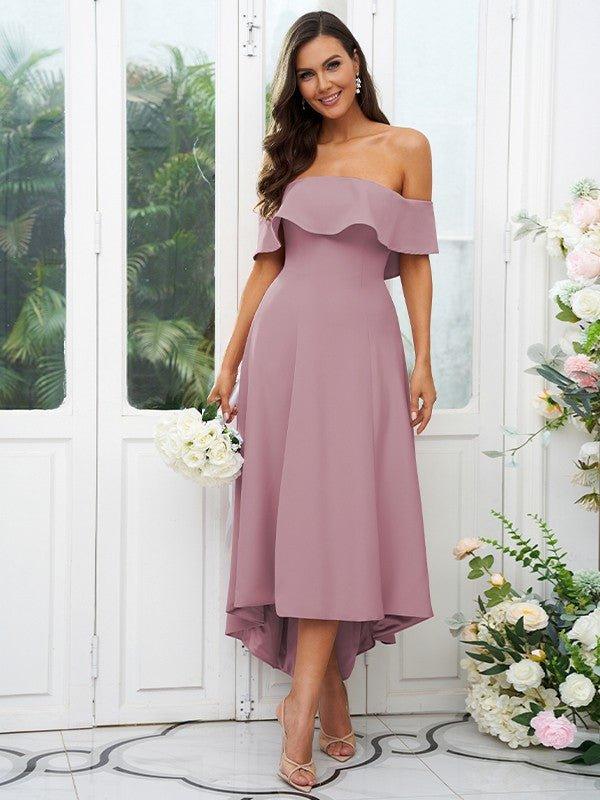 A-Line/Princess Stretch Crepe Ruffles Off-the-Shoulder Sleeveless Asymmetrical Bridesmaid Dresses - RongMoon