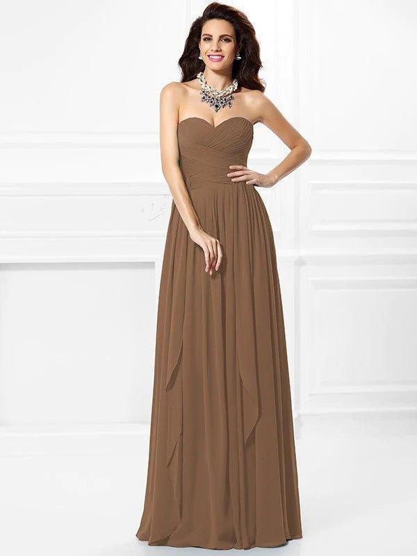 A-Line/Princess Sweetheart Pleats Ruffles Sleeveless Long Chiffon Bridesmaid Dresses - RongMoon