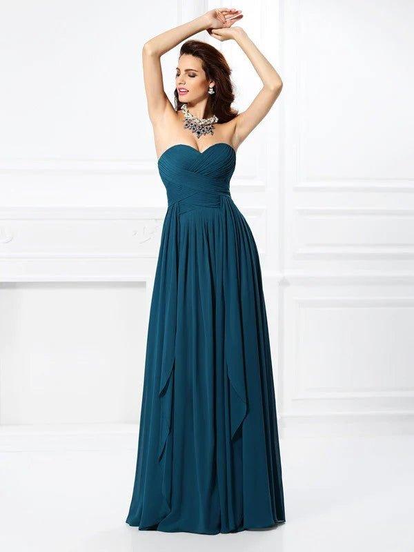 A-Line/Princess Sweetheart Pleats Ruffles Sleeveless Long Chiffon Bridesmaid Dresses - RongMoon