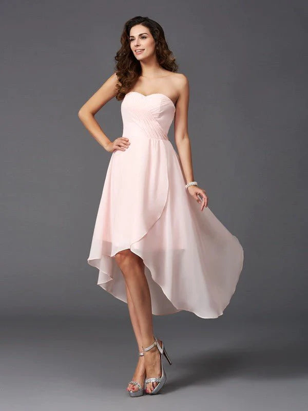 A-Line/Princess Sweetheart Ruffles Sleeveless High Low Chiffon Bridesmaid Dresses - RongMoon