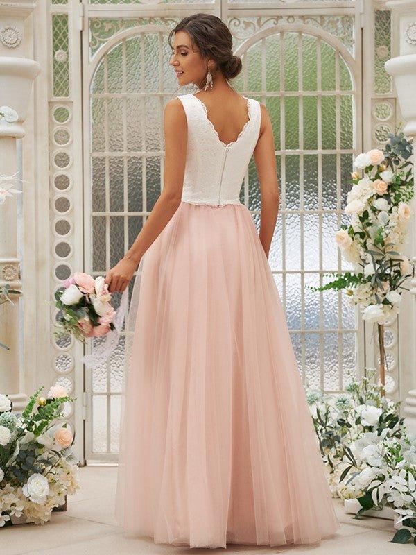 A-Line/Princess Tulle Lace V-neck Sleeveless Floor-Length Two Piece Bridesmaid Dresses - RongMoon