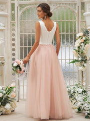 A-Line/Princess Tulle Lace V-neck Sleeveless Floor-Length Two Piece Bridesmaid Dresses - RongMoon
