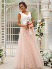 A-Line/Princess Tulle Lace V-neck Sleeveless Floor-Length Two Piece Bridesmaid Dresses - RongMoon