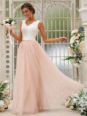 A-Line/Princess Tulle Lace V-neck Sleeveless Floor-Length Two Piece Bridesmaid Dresses - RongMoon