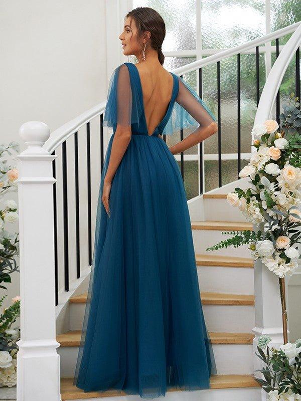 A-Line/Princess Tulle Ruffles V-neck Short Sleeves Floor-Length Bridesmaid Dresses - RongMoon