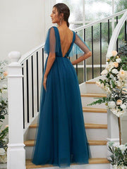 A-Line/Princess Tulle Ruffles V-neck Short Sleeves Floor-Length Bridesmaid Dresses - RongMoon