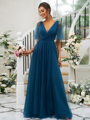 A-Line/Princess Tulle Ruffles V-neck Short Sleeves Floor-Length Bridesmaid Dresses - RongMoon