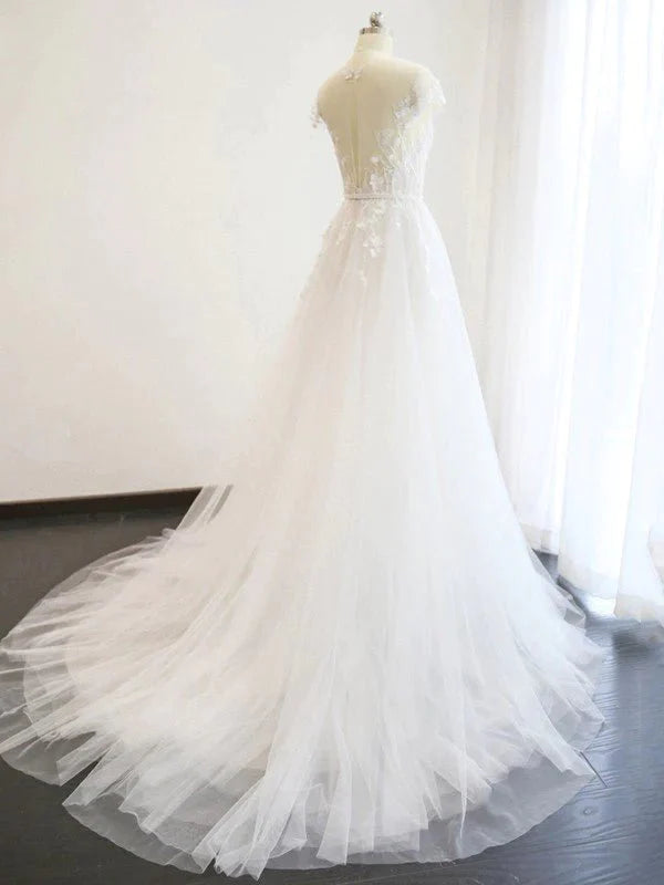 A-Line/Princess V-neck Court Train Short Sleeves Applique Tulle Wedding Dresses - RongMoon