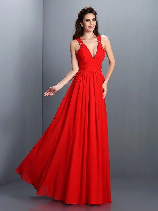 A-Line/Princess V-neck Pleats Sleeveless Long Chiffon Bridesmaid Dresses - RongMoon