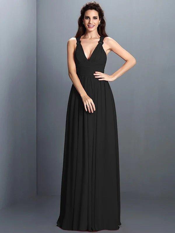 A-Line/Princess V-neck Pleats Sleeveless Long Chiffon Bridesmaid Dresses - RongMoon