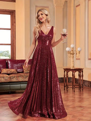 Burgundy V Neck A Line Sequin Party Prom Dress