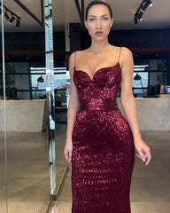 Spaghetti Long Mermaid Black Fitted Sequin Prom Dresses, Popular Prom Dresses, Newest Prom Dresses, Affordable Prom Dresses - RongMoon