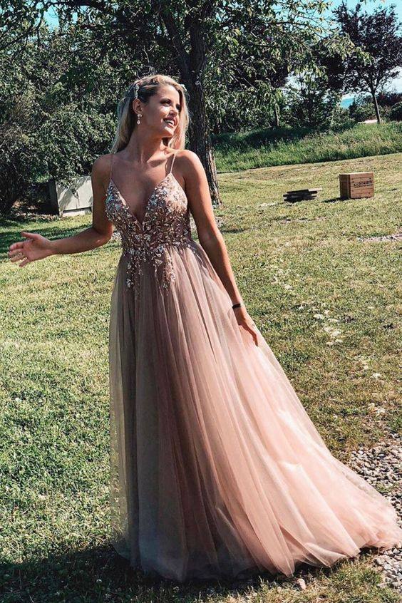 Champagne pink tulle lace long prom dress tulle formal dress - RongMoon