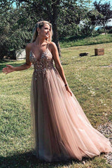 Champagne pink tulle lace long prom dress tulle formal dress - RongMoon