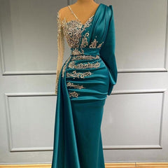 Long Sleeve Sheer Beading Ruched Satin Green Trumpet Mermaid Prom Dress