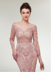 Lace Jewel Long Sleeve Pink Mermaid Evening Dress