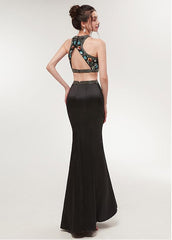 Black Satin Halter Neckline Two-piece Mermaid Prom Dress