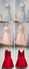 Light Grey Elegant Three-quarter Illusion Sleeve Appliques Beads V-neck  Lace Up Back  Tea-Length Homecoming Dress,BD0119