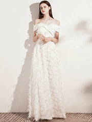 Off The Shoulder Champagne Feather Long Prom Dress